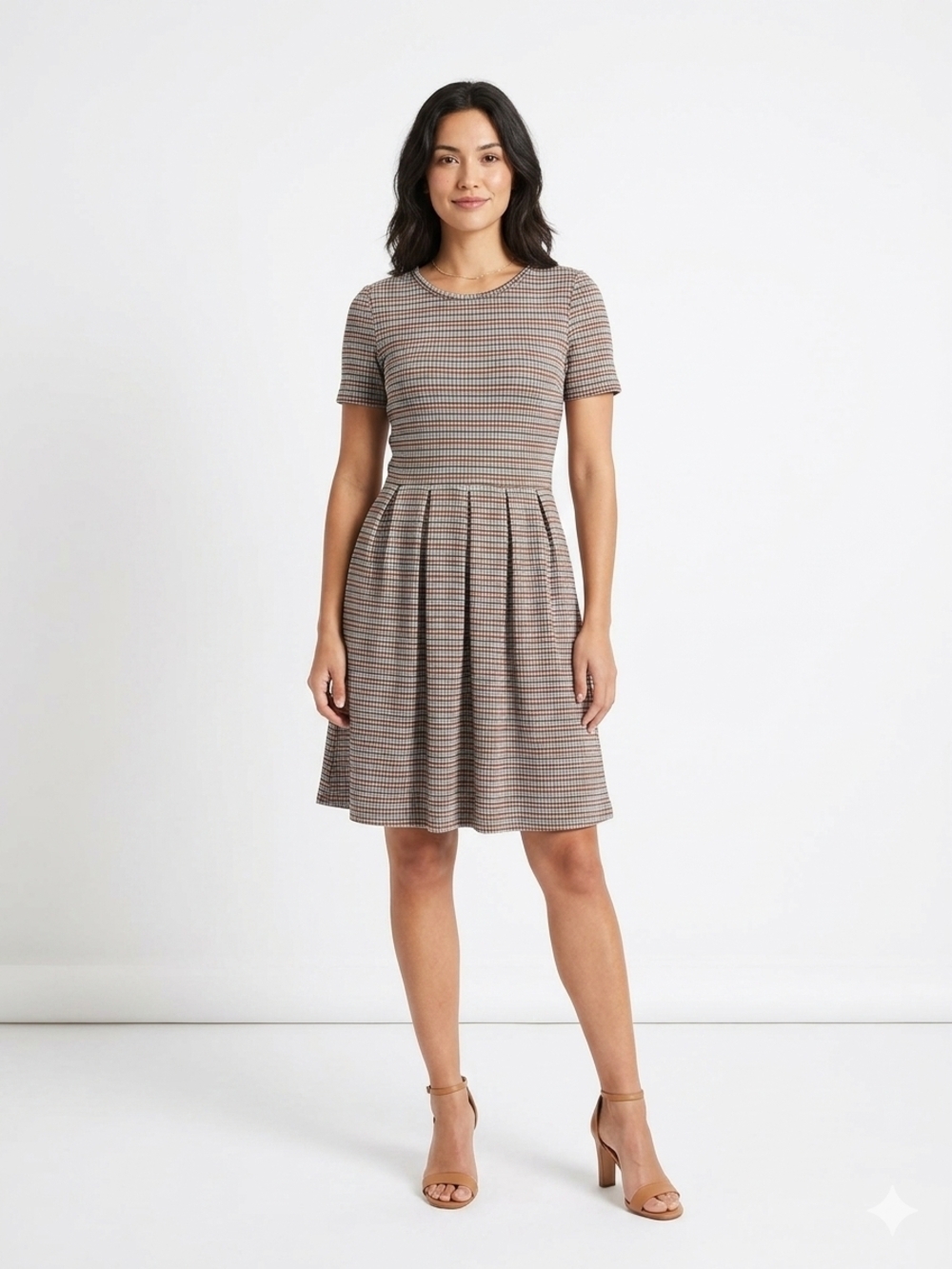 Women's Short Sleeve Pleated Fit-and-Flare Dress in Taupe Plaid
